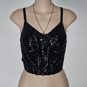Vintage Victoria's Secret Black Sequin Corset Top Bustier Beaded